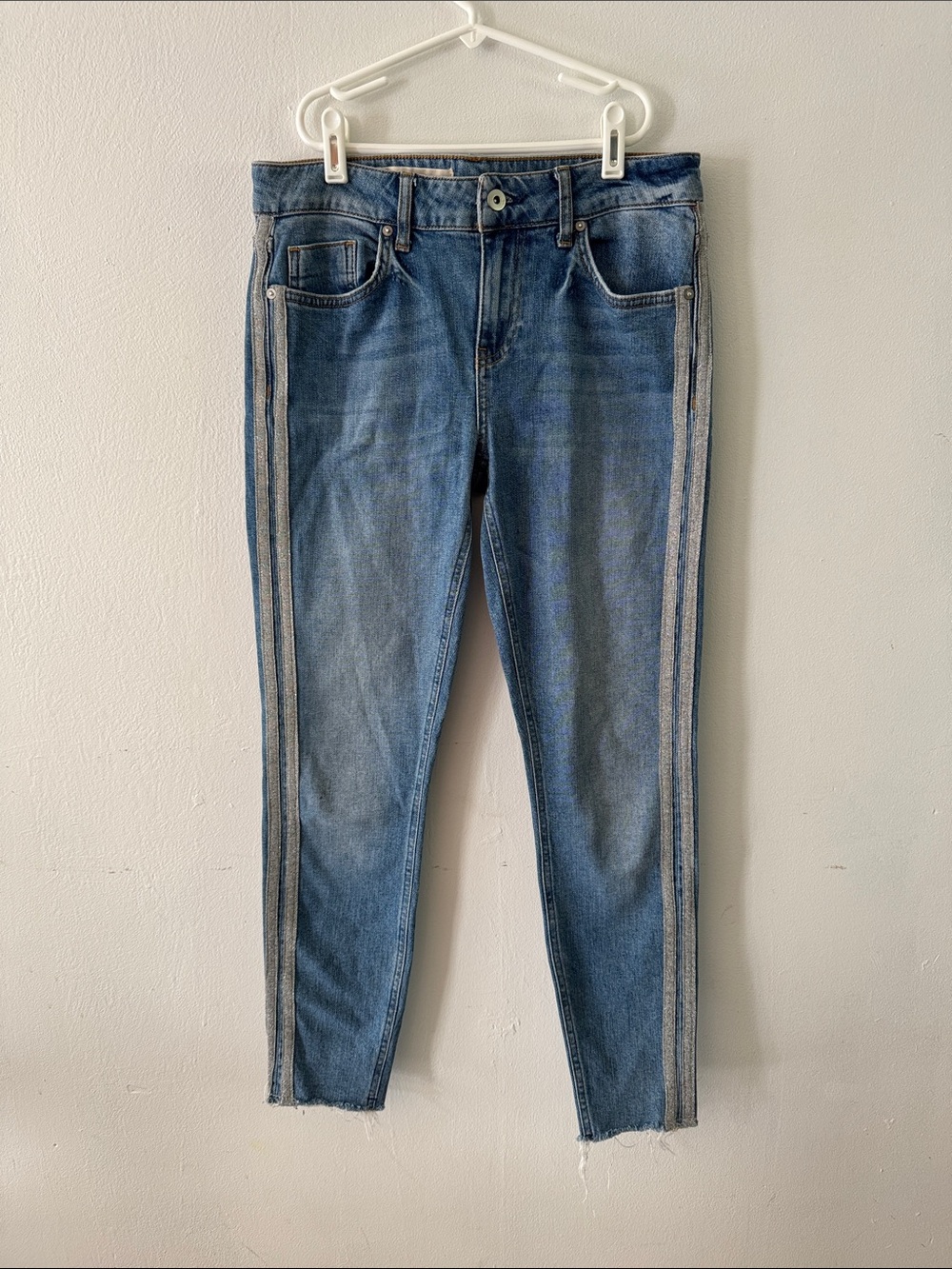 Anthropologie Pilcro & The Letterpress Silver Glitter Side Stripe Jeans Sz 26